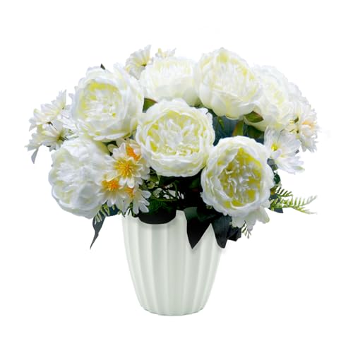 Peonies Artificial Flowers, Fake Peony Bouquet, Realistic Faux Peony Silk Flowers for Wedding, Home Décor, and Table Centerpieces – Ideal for Arrangements and Special Occasions 2 Bouquets (White) - color: White