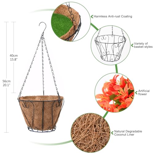 INQCMY Artificial Faux Hanging Plants Flowers in Basket for Outdoor Outside Spring Decor,UV Resistant Fake Silk Violet in Planter Realistic for Home Patio Balcony Garden Yard Decoration(Orange) - color: Orange