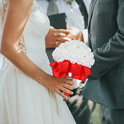 Wedding Bouquet, Red Bridesmaid Bouquet Bridal Bouquet with Crystals Soft Ribbons, Artificial Rose Flowers for Wedding, Party and Church (Red) - color: Red