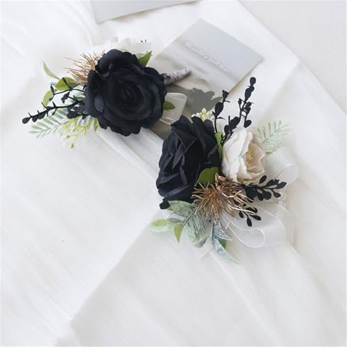 Black Ivory Rose Wedding Boutonniere for Best Men Artificial Rose Flowers Groom Groomsmen Boutonniere for Wedding Party Prom Homecoming Ceremony Anniversary Suit Decorations - color: Black Ivory Boutonniere