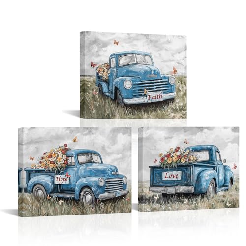 sechars Truck Wall Art Canvas Vintage Farmhouse Decor Faith Hope Love Floral Painting Prints (Blue) - color: Blue