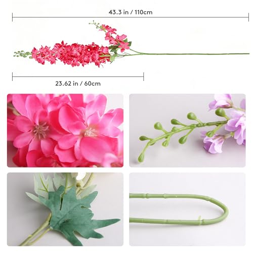 HCTCPALS Artificial Flowers for Outdoors 6 Pcs Delphinium Plant Realistic Silk Fake Flowers for UV Resistant Faux Plants Outdoor Indoor Outside Front Porch Hanging Planter Decoration-30" Rose Red - color: Delphinium Rose-red