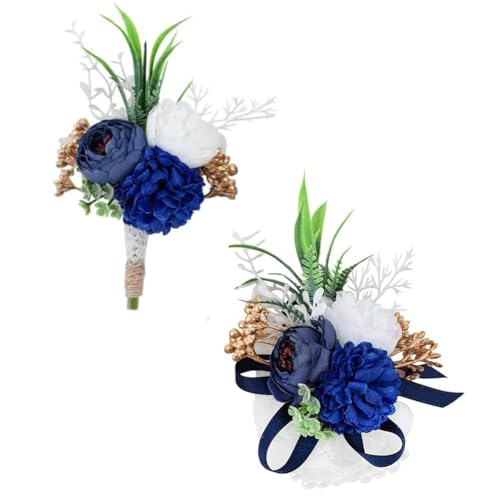 Ansofi Navy Blue Corsage and Boutonniere Set Artificial Rose Flower Wrist Corsage and Boutineers for Groom Groomsmen Bride Bridesmaids Prom Rustic Vintage Wedding Decor - color: Navy Blue