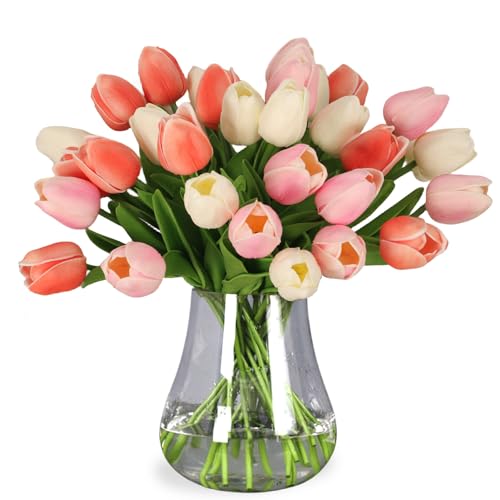 30pcs Tulips Artificial Flowers, Real Touch Fake Flowers Home Decor, Faux Tulips Bouquets Arrangements for Spring Easter Mothers Day Wedding Dining Room Table Decoration(3 Colors) - color: Cream & Pale Pink & Peach Pink