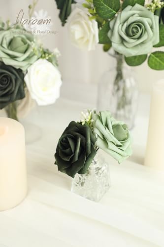 Floroom Artificial Flowers 25pcs Real Looking Emerald Green Ombre Colors Foam Fake Roses with Stems for DIY Wedding Bouquets Bridal Shower Centerpieces Sage Green Floral Arrangements Tables Decoration - color: Shades of Emerald & Tawny Beige