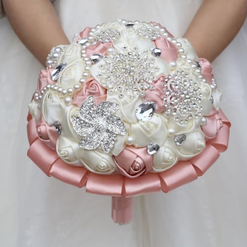 Brooch Wedding Bouquet with Bling Silver Rhinestone Pearl Satin Rose Quinceanera Flower Bouquet Blush Pink and Ivory Bridal Wedding Bouquet for Bride Bridesmaid 7.1in - color: Blush & Ivory, size: Diameter: 7.1 inches