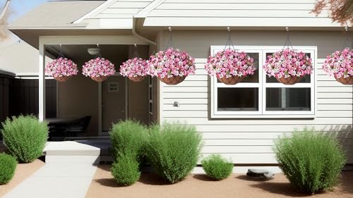 INXUGAO Artificial Silk Flowers Hanging Baskets Outdoors Indoors,Chrysanthemum with Eucalyptus Leaves Arrangement for Garden Yard Spring Summer Decor,Faux Plant in Metal Coconut Lining Flowerpot(Pink) - color: B-pink