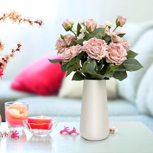 Fake Flowers in Ceramic Vase, Artificial Pink Flower Bouquet with Vase Floral Arrangements for Mantel Dining Table Coffee Table Centerpieces - Dusty Pink - color: Dusty Pink