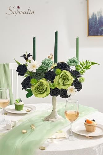 Serwalin Green Artificial Flowers, Black Silk Fake Flowers Greenery Stems for DIY Wedding Bridal Bouquets, Wedding Cake Flowers for Table Centerpieces Baby Shower Birthday Party Home Decorations - color: Black & Green, size: Square