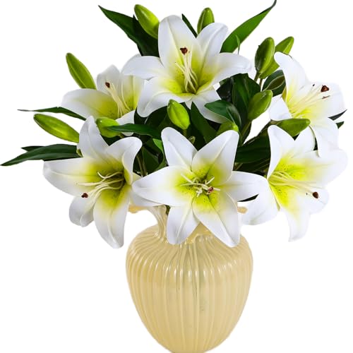 Kimura's Cabin 6Pcs White Tiger Lily Artificial Flowers Real Touch Fake Lilies with Stems Faux Lilys Plants for Spring Floral Wedding Arrangements Bouquet Easter Home Table Centerpiece Decor - color: Green Heart White