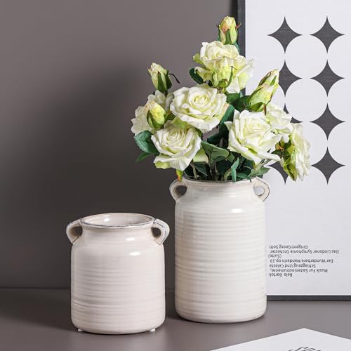 Ceramic Rustic Distressed White Flower Vase for Centerpieces, Kitchen, Office or Living Room (5.9''x8.6”) - color: White, size: 5.9''x 8.6”