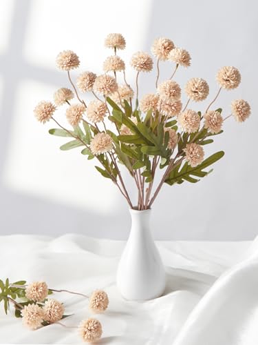 InnoGear Silk Flowers Pompon Mums Artificial Flowers, 5pcs 25 Heads Fake Mini Chrysanthemums with Long Stems Bulk Faux Kiku Flower for Decoration Memorial DIY Wedding Bouquets Centerpieces, Beige