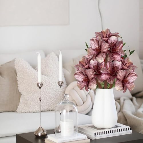 Briful Amaryllis Artificial Christmas Flower Stems, 19.7" Pink Glitter Faux Amaryllis with Detachable Heads for Xmas Home Party Wedding Bouquet Vase Arrangement Decor - color: Rose Gold