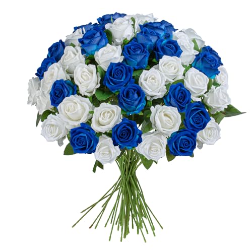 Artificial Flowers Roses Touch Fake Rose Bouquet Flower Stem For Wedding Centerpieces Diy Wreath Home Decorations Silk Roses Mothers Party Fake Outdoor Flowers Decor 19.6"(White & Blue 50PCS) - color: White Blue 50pcs