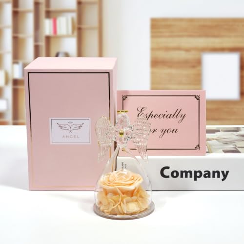 Miofula Gifts for Mom Birthday Gifts for Women, Preserved Flowers Rose in Glass Angel Figurines, Fresh Flowers for Delivery Anniversary Forever Real Roses Gifts for Mothers Grandma Her Wife Girlfriend - color: Pearlescent Champagne