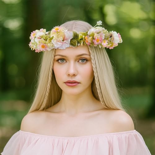 Pink Flower Crown Headband, Artificial Rose Daisy Floral Headpiece, Adjustable Fairy Boho Bridal Flower Crown for Women Girls Renaissance Birthday Wedding Festivals Party Hair Accessories - color: Rose Daisy Pink