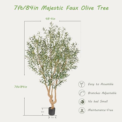 Nafresh Majestic Faux Olive Tree 7 feet – Artificial Olive Tree Indoor & Outdoor with Lifelike Leaves & Textured Branches for Living Room, Office, Entryway,Patio - size: 7ft