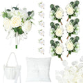 Giegxin 16 Pcs Ivory Rose Wedding Artificial Flowers Package, Bridal Bouquet, 6 Bridesmaid Bouquets, 6 Boutonniere for Men, Rose Petals for Wedding Ceremony Anniversary, Rustic Marriage Proposal