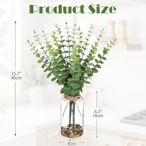 Hollyone Artificial Eucalyptus Stems in Glass Vase with Faux Water and Stones, 15.7" Fake Plants Eucalyptus Leaves Branch for Indoor Shelf Desk Home Bathroom Wedding Table Centerpiece Decor - color: Green #4