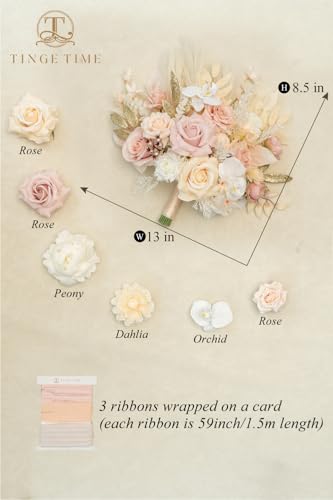 TINGE TIME 13 Inch Artificial Flower Wedding Bouquets for Bride, Cascading Bridal Bouquet for Wedding Bouquet for Wedding Ceremony and Anniversary(Champagne&Pink) - color: Champagne&pink