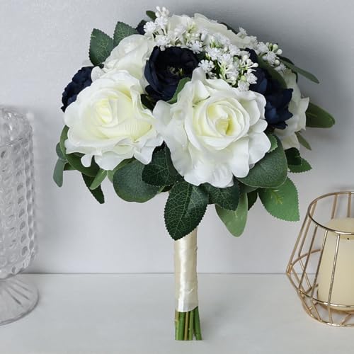 Wedding Bouquets for Bride, 11 Inch Bridesmaids Bouquets Artificial Flower Bouquets for Wedding Ceremony Bridal Shower Decorations - Navy Blue & White - color: Navy Blue & White
