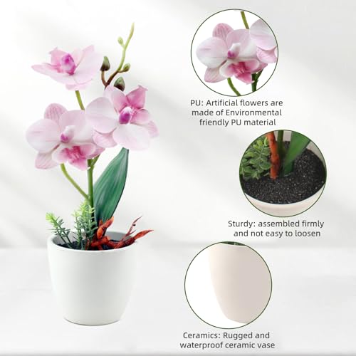2Pcs Artificial Flowers Orchid Fake Phalaenopsis Small Potted Plant Ceramic Vase for Table Centerpiece Home Office Bathroom Wedding Decor(Purple & Pink) - color: Purple & Pink