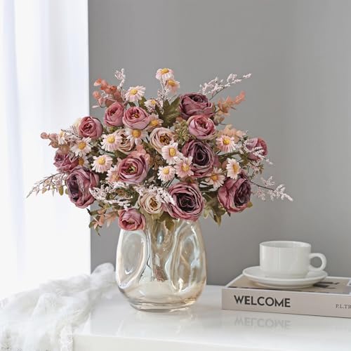 Artificial Roses Flowers 6 Pack Vintage Roses Pink Flowers Small Silk Rose Bouquet with Daisy Flowers Faux Floral Arrangements for Vase Centerpiece Table Wedding Party Bridal Decor - color: Pink, size: 6PCS