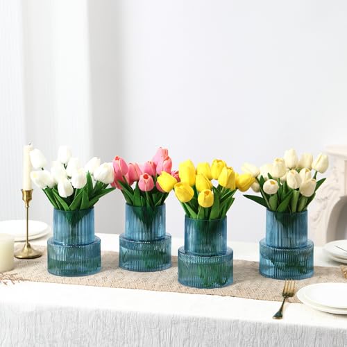 Ribbed Glass Vases, Set of 4 Small Vases for Flowers, Blue Glass Vase for Tulips, Modern Vase for Living Room, Kitchen, Office, Entryway, Bookshelf, Wedding Gifts, Birthday, 6 Inches - color: Blue, size: Ribbed 6 Inches (4-Pack)