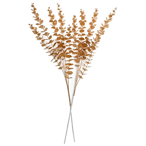 PASYOU Artificial Plants for Christmas Decor, Fake Gold Eucalyptus Plastic Grass Shrubs Leaves Indoor Outdoor Home Garden Party Hotel Wedding Event Faux DIY Decoration - 30 Inch Golden 2 Pack - color: (Tall) Gold Eucalyptus - 2 Pack