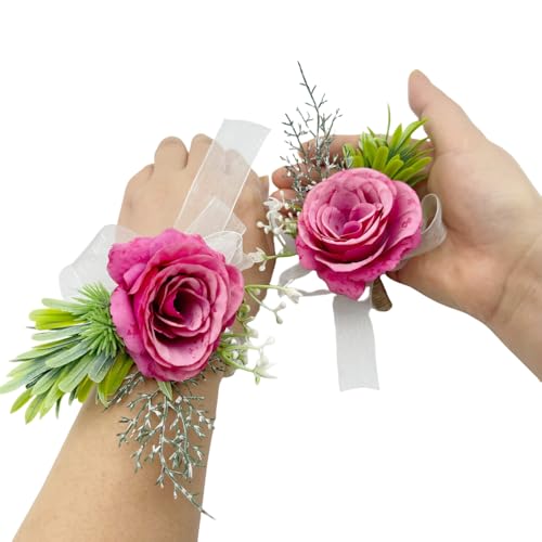 Rose Wrist Corsage Wristlet Band and Men Boutonniere Set, Corsage for Prom, Bride Hand Flower, Wedding Flowers Ceremony, Wedding Party Prom Decor, Handmade Petals Hair Hat Wreath, Rose Red, 2 Pack - color: Rose Red