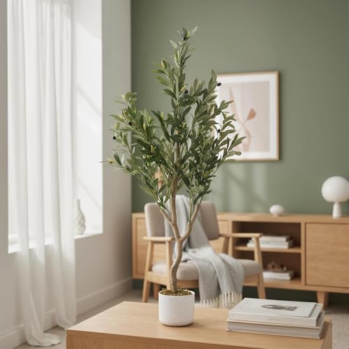 Faux Olive Tree 4FT, Olive Plant Trees Artificial Indoor with Wood Trunk and Realistic Leaves and Fruits, 48in Fake Floor Plants Olive Tree for Home House Office Décor