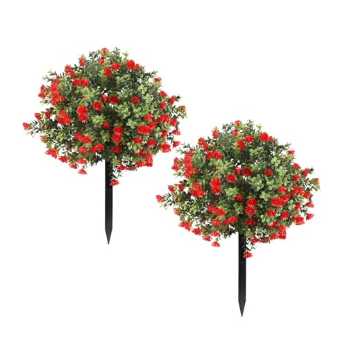 Artificial Topiary Bushes with Ground Spike Set of 2, Faux Boxwood Ball Trees for Outdoor, Fake Shrubs Bushes Decorations for Indoor Front Porch Garden - UV Resistant Faux Plants - Red Flowers - color: Red Azaleas