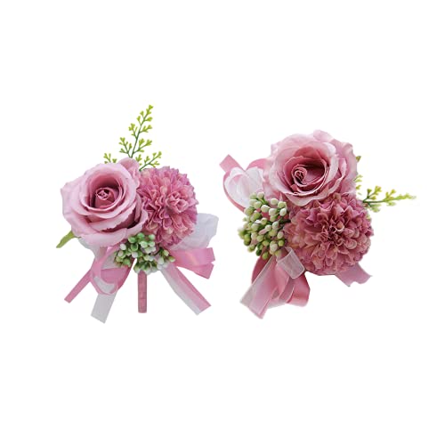 Rikyo 2 Pack Flower Wrist Corsage Boutonniere Set,3" Artificial Rose Carnation Wrist Corsage and Men Boutonniere Set,DIY Silk Flower for Wedding Flowers Accessories Prom Suit Decor (Violet) - color: Hot Pink