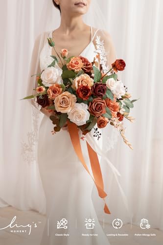 Ling's moment Terracotta Bridal Bouquet, Burnt Orange, 15 Inch | Free Form, Artificial Flowers, Wedding - color: Or-terracotta, size: Medium 15 Inch