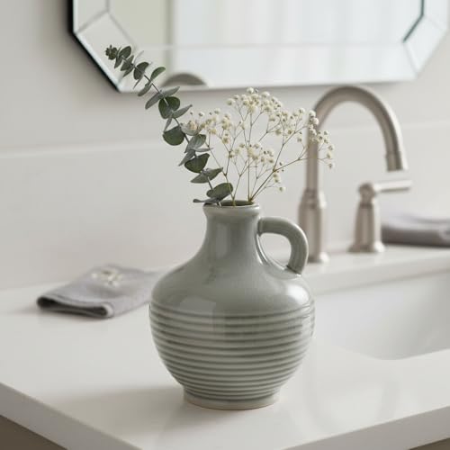 Sunddo Gray Ceramic Flower Vase， 6 Inch Small Modern Boho Vase for Home Decor, Decorative Vases with Handle, Neutral Accent for Minimalist, Table, Living Room, Bathroom, Shelf, Mantel Decor - color: Gray - 6, size: 6 Inch