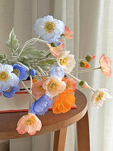 Set of 6 Poppies Flowers Artificial, Real Touch Silk Flowers with Long Stems for Vase, Realistic Faux Wildflowers Arrangement for Home Office Farmhouse Wedding Party Indoor Decor (Dark Blue) - color: Dark Blue