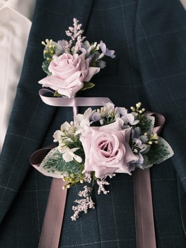 White Rose Wrist Corsage and Boutonniere Set with Ribbon Ties Wedding Prom Formal Accessories (Purple Ribbon) - color: Purple Ribbon