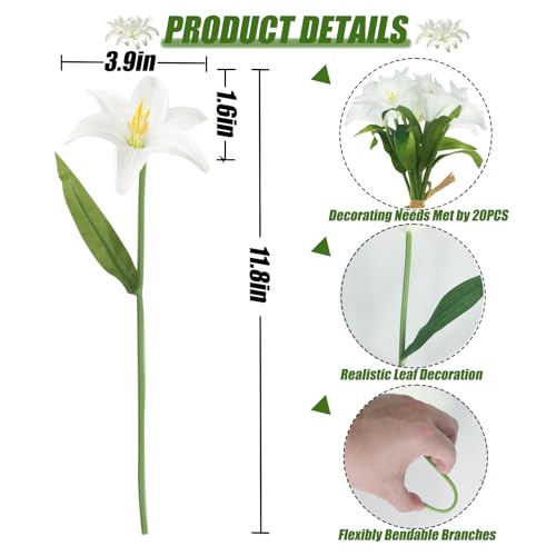Tinsow 20Pcs Artificial Lily Real Touch Flowers Fake Latex Lily Flowers White Mini Lily for Wedding Home Decoration Small Easter Lily