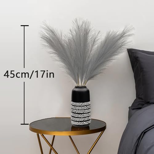 10 Stems Faux Pampas Grass - 17.7" Artificial Pampas Grass Decor Fluffy Small Pampas Flower Arrangement and Vase Filler for Boho Home Wedding Mothers Day Decoration（Grey） - color: Grey