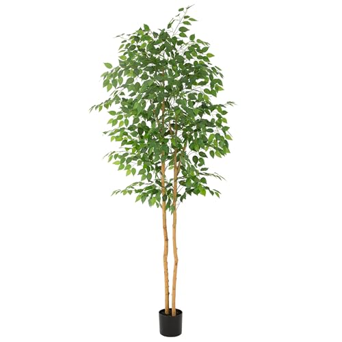 Bellacat 7ft Ficus Tree Artificial with Double Real Wood Trunks, 84in Faux Ficus Tree with Lifelike Leaves, Fake Ficus Tree for Living Room Bedroom Office Decor - color: Green With Double Trunks, size: 7ft