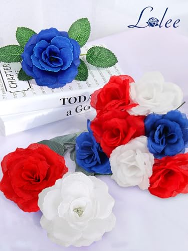 108pcs Roses Head Flowers with Stem - Red Blue White Artificial Flowers Rose Bulk - Silk Rose Fake Flower Arrangement for Patriotic Memorial Bouquet Grave Centerpieces 4th of July Veterans Party Decor - color: White-red-blue