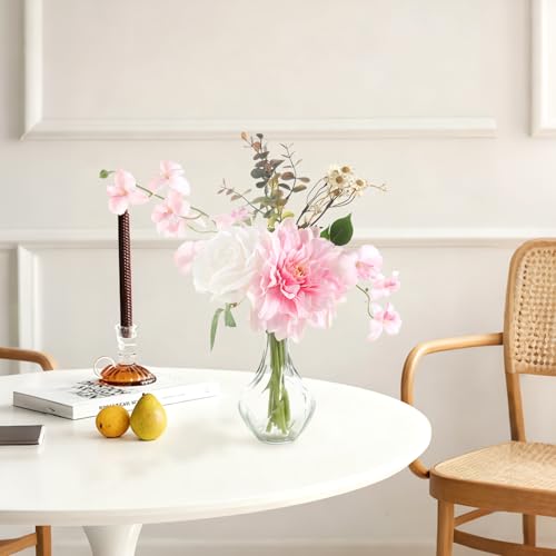 Faux Flowers with Vase,Small Artificial Silk Roses in Vase, Fake Plant Eucalyptus Flower Arrangement for Home Office Decoration, Living Room and Dining Table Centerpiece - color: Light Pink