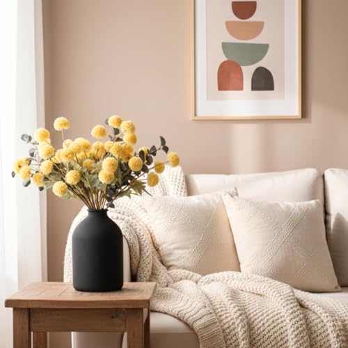 RyddeligHome Yellow Flowers Artificial 10 Long Stems Kiku Flower with Eucalyptus, Spring Flowers Decor, Mustard Yellow Decor, Flores Amarillas Artificiales para Decoracion, Faux Summer Floral Stems - color: Yellow