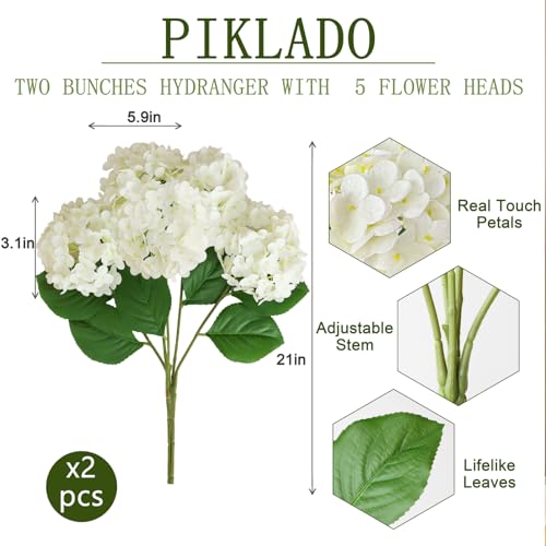 2 Bunchs 21in.White Real Touch Hydrangea Artificial Flowers,with 10pcs Flower Heads 20pcs Green Leaves. Faux Hydrangea Flowers. for Home Office Decor Wedding Party Arrangements (2, White) - color: White, size: 2 Bunch