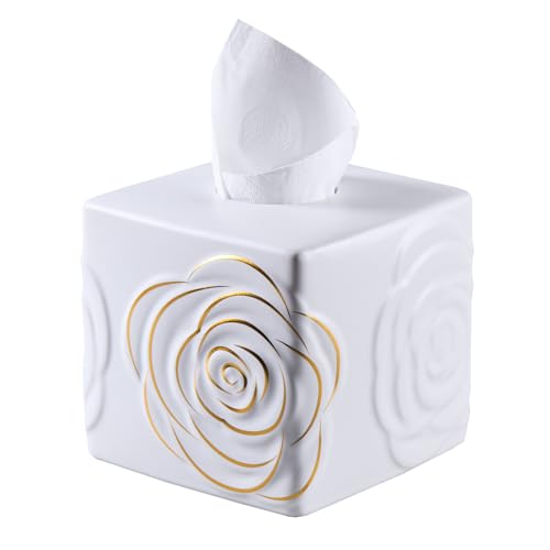 White Ceramic Cube Tissue Box Cover with Gold Rose – Large Elegant Rose Floral Square Decorative Tissue Box Holder for Bathroom, Bedroom, Office Desk, Kitchen Counter – Perfect Housewarming Gift - color: White&gold