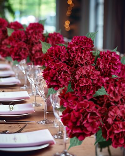 6PCS Premium Burgundy Hydrangea Artificial Flowers Bouquets, Wine Red Silk Hydrangea Flowers with Stems, Fake Hydrangeas Arrangement, Faux Hydrangea Decor for Home Wedding Party (Burgundy，Wine Red) - color: Burgundy，wine Red