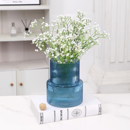 Blue Glass Vase, Ribbed Glass Vase for Tulips, Flower Vases for Bouquet, Blue Modern Vases for Living Room, Dining Table, Entryway, Mantle, Shelf, Wedding, Office, 7.5 Inches - color: Blue, size: Ribbed 7.5 Inches