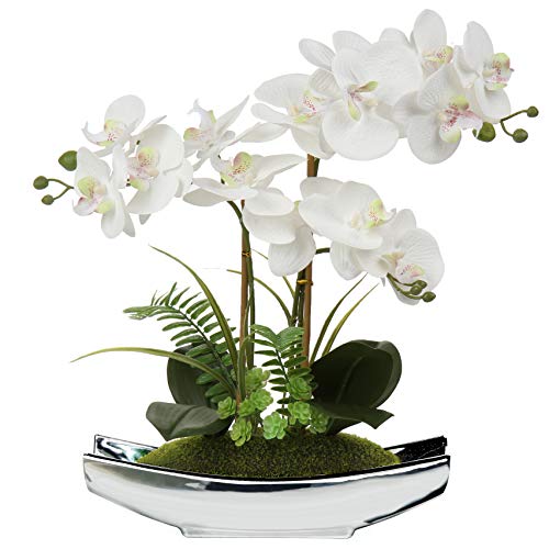 Briful Orchids Artificial Flowers 15" White Phalaenopsis Orchid with Silver Pots Real Touch Faux Orchid Plant for Home Office Living Room Table Decoration - color: White#2