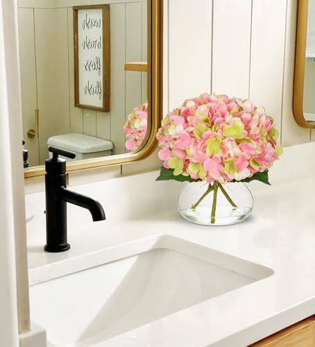 Hollyone Hydrangea Artificial Flowers with Glass Vase Pink-Green Silk Faux Flowers Arrangements in Vase with Faux Water Fake Floral Bulk Bouquet for Home Decor Table Centerpiece Decorations - color: Hydrangea, Pink-green