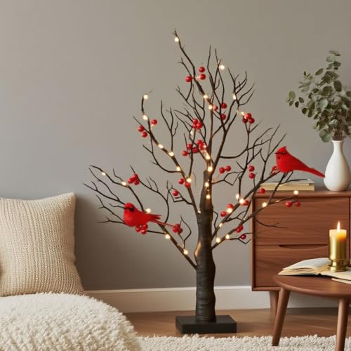 Cardinal Red Berries Tree Table Decoration Light for Tabletop Centerpiece Christmas Decorations, LED Warm Light Up Christmas Tree LED Fairy Spirit Tree Lamp with 3 AA Battery & USB Plug - style: Red Bird Tree Lamp